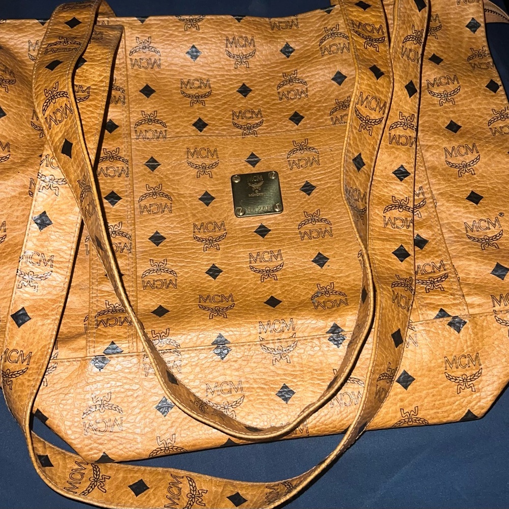MCM Cognac Visetos Monogram Tote with Gold Plaque